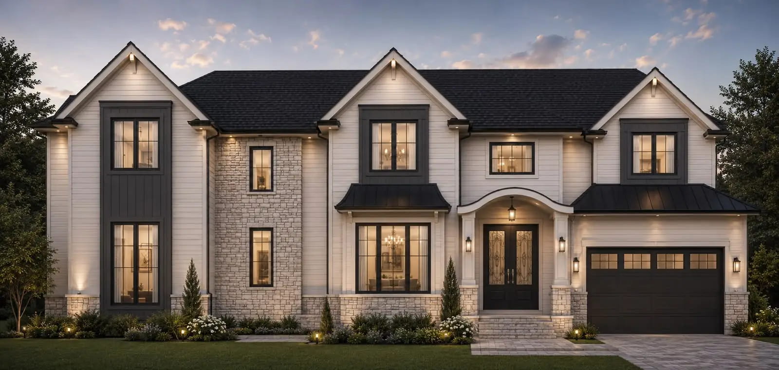 Custom single-family home at dusk